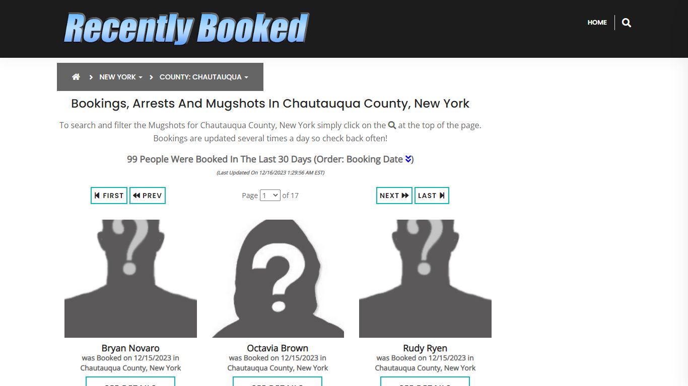 Bookings, Arrests and Mugshots in Chautauqua County, New York